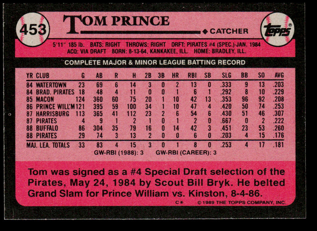 Tom Prince 1989 Topps #453 Pittsburgh Pirates
