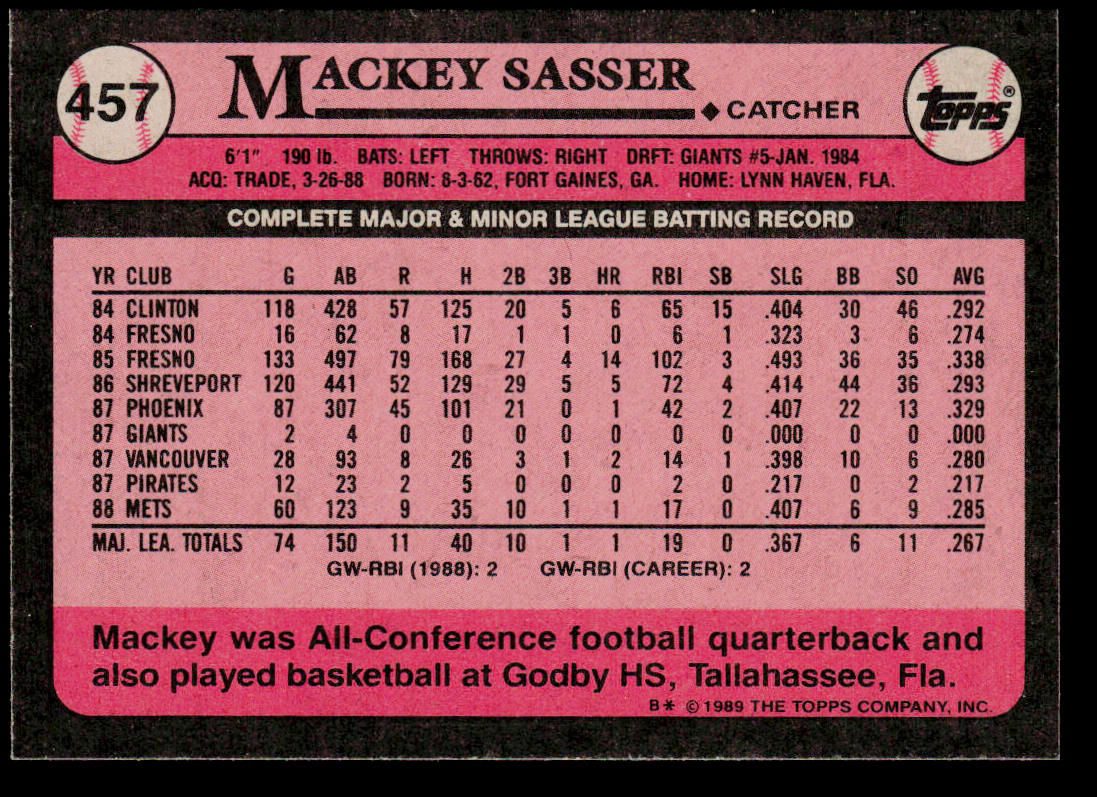 Mackey Sasser 1989 Topps #457 New York Mets