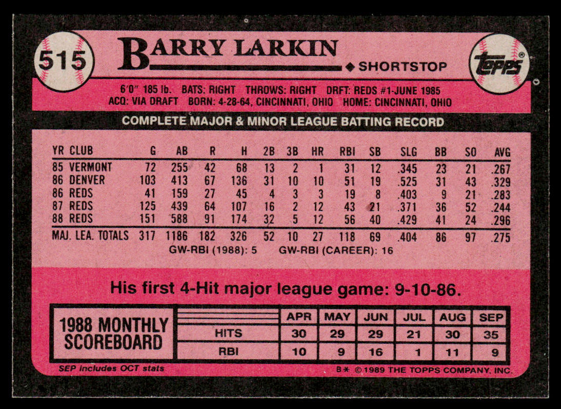 Barry Larkin 1989 Topps #515 Cincinnati Reds