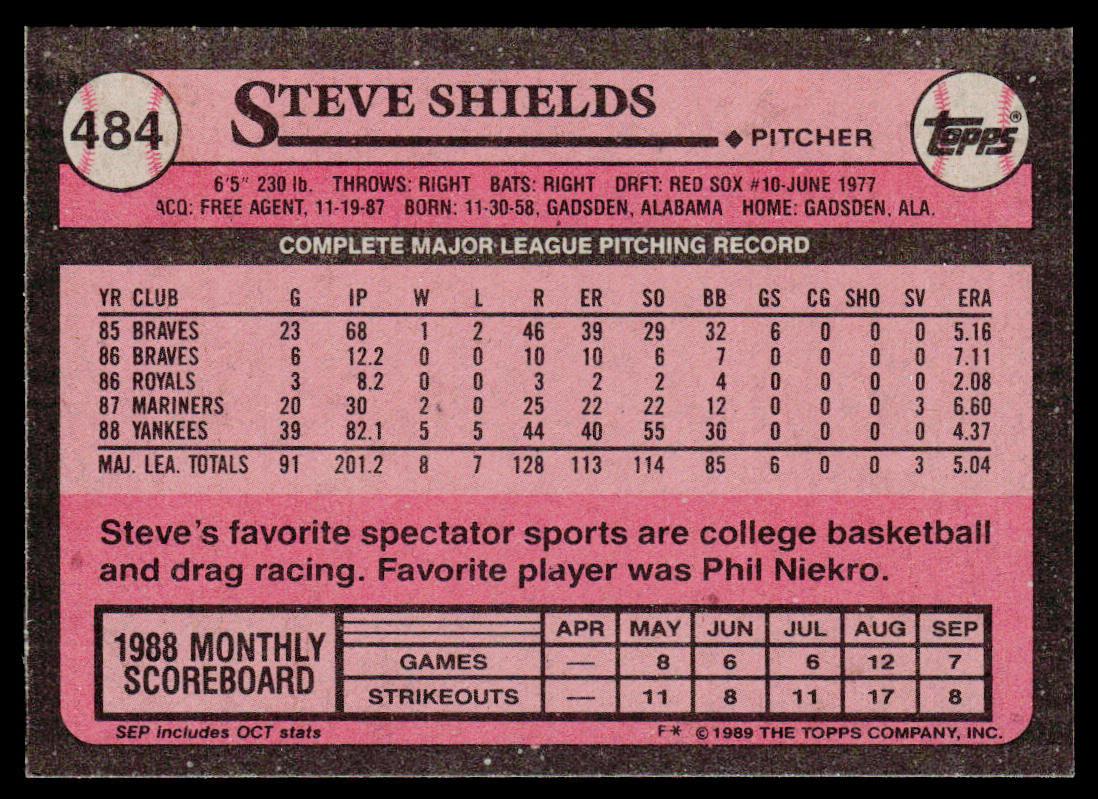 Steve Shields 1989 Topps #484 New York Yankees