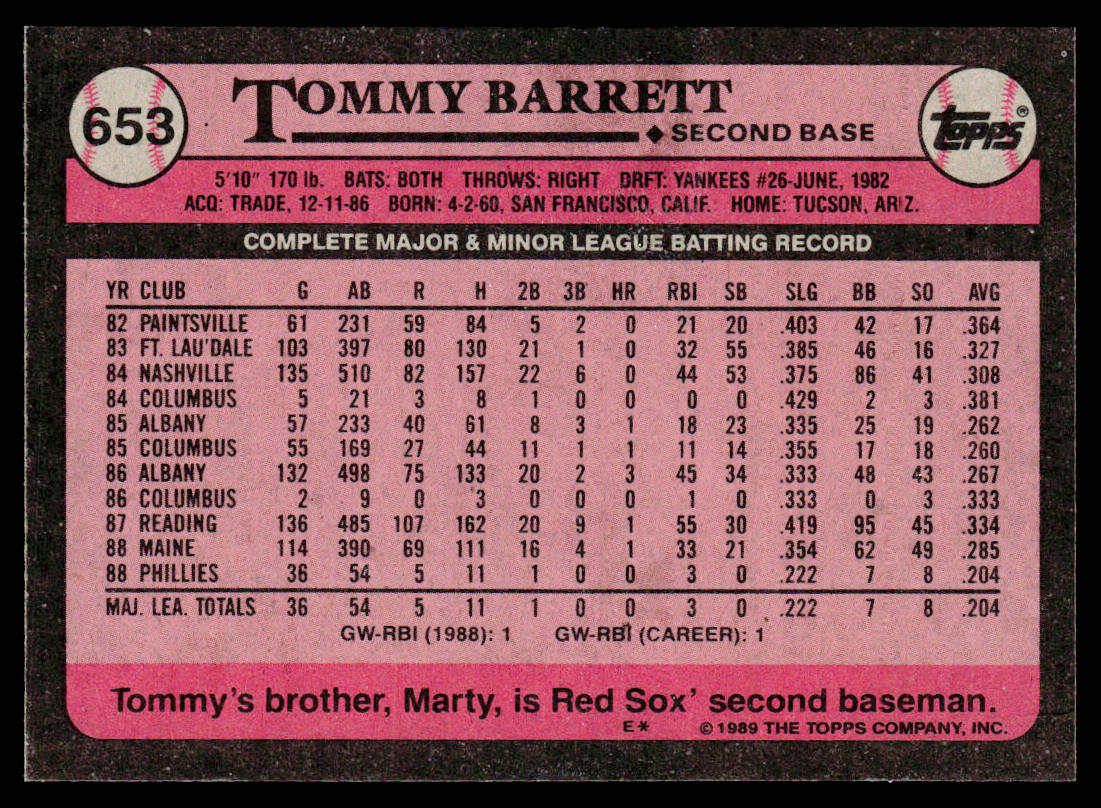 Tommy Barrett 1989 Topps #653 RC Philadelphia Phillies