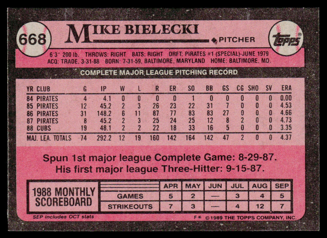 Mike Bielecki 1989 Topps #668 Chicago Cubs
