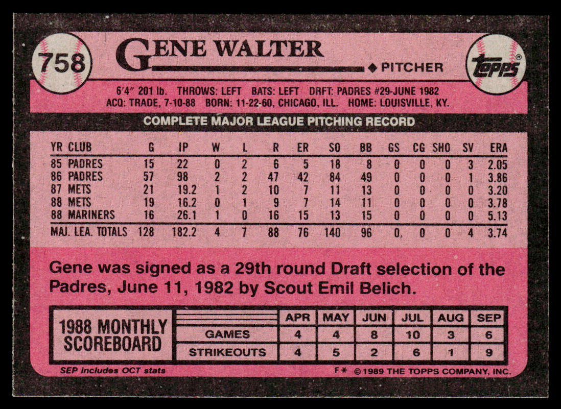 Gene Walter 1989 Topps #758 Seattle Mariners