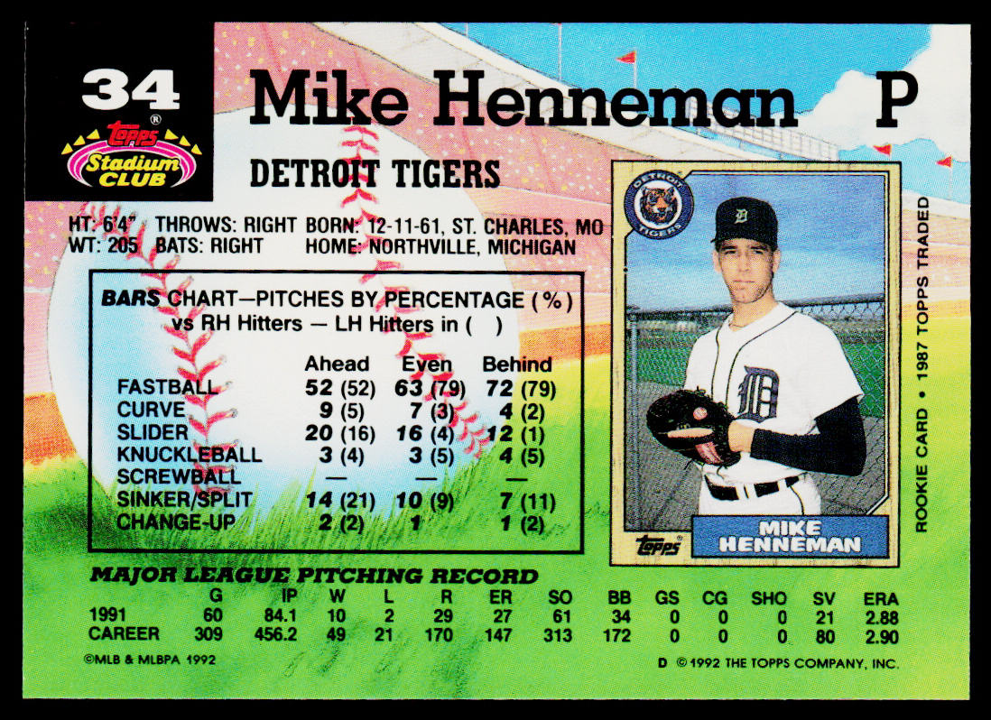 Mike Henneman 1992 Stadium Club #34b Detroit Tigers