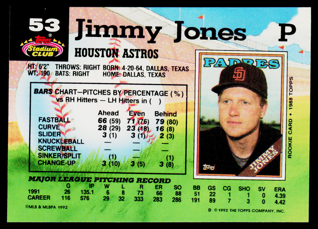 Jimmy Jones 1992 Stadium Club #53 Houston Astros