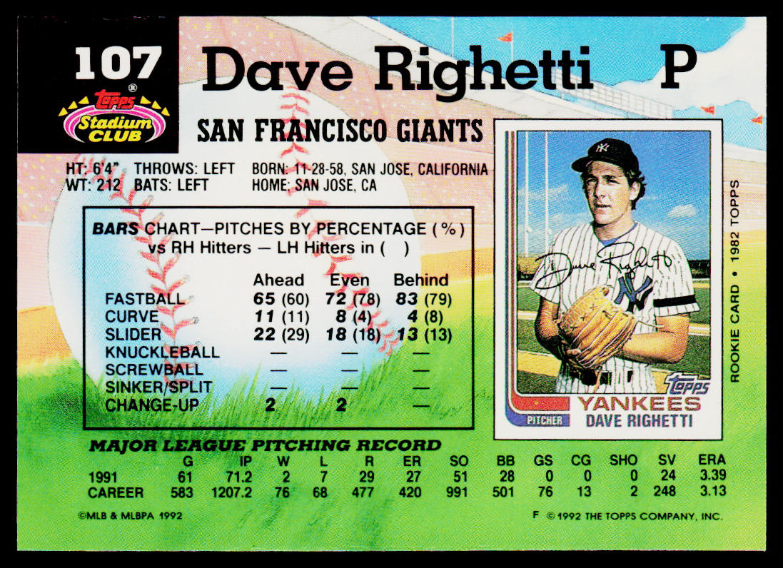 Dave Righetti 1992 Stadium Club #107 San Francisco Giants