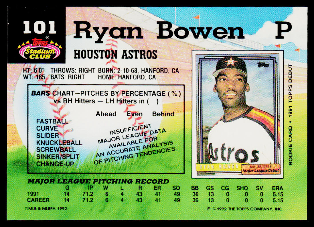 Ryan Bowen 1992 Stadium Club #101 Houston Astros