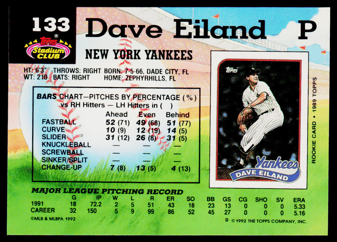 Dave Eiland 1992 Stadium Club #133b New York Yankees