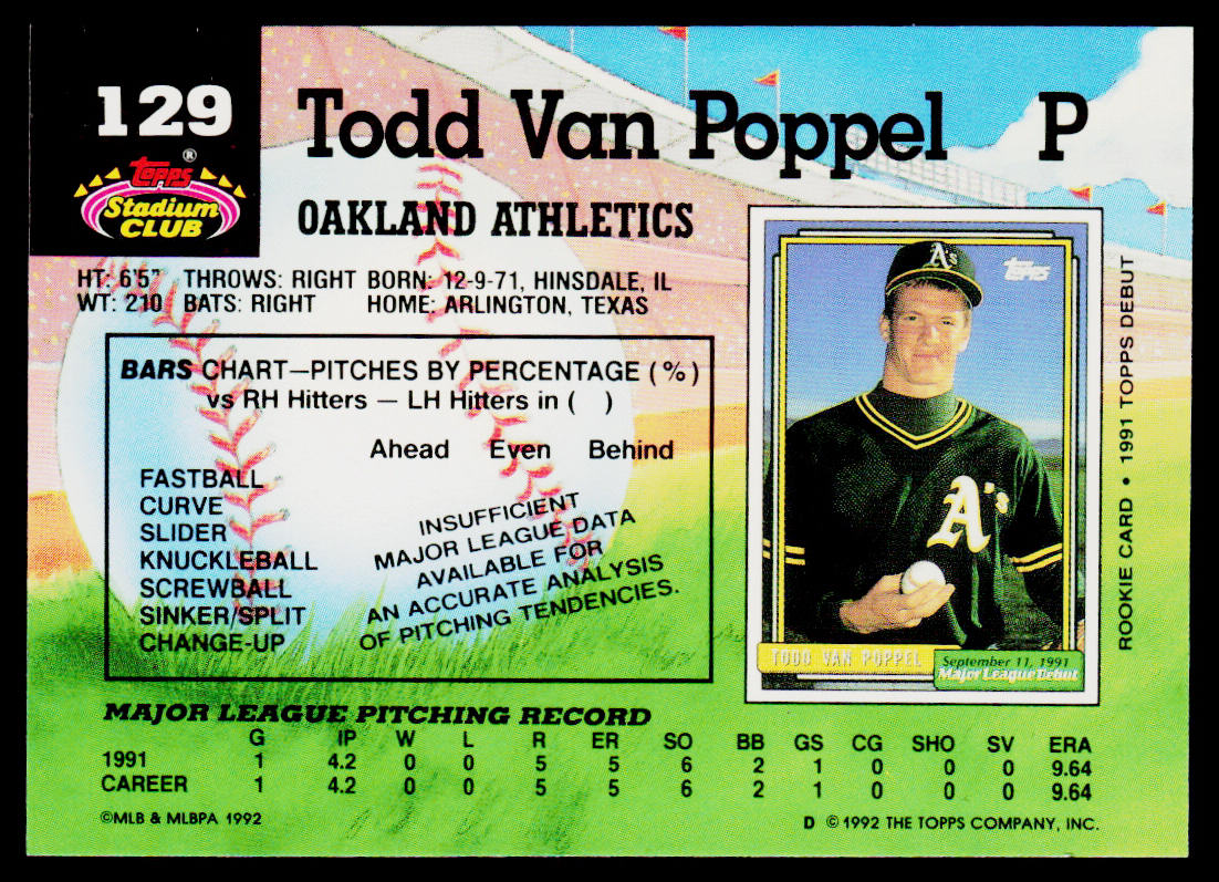 Todd Van Poppel 1992 Stadium Club #129b Oakland Athletics