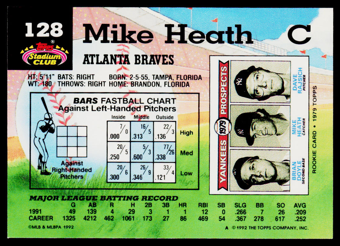 Mike Heath 1992 Stadium Club #128 Atlanta Braves