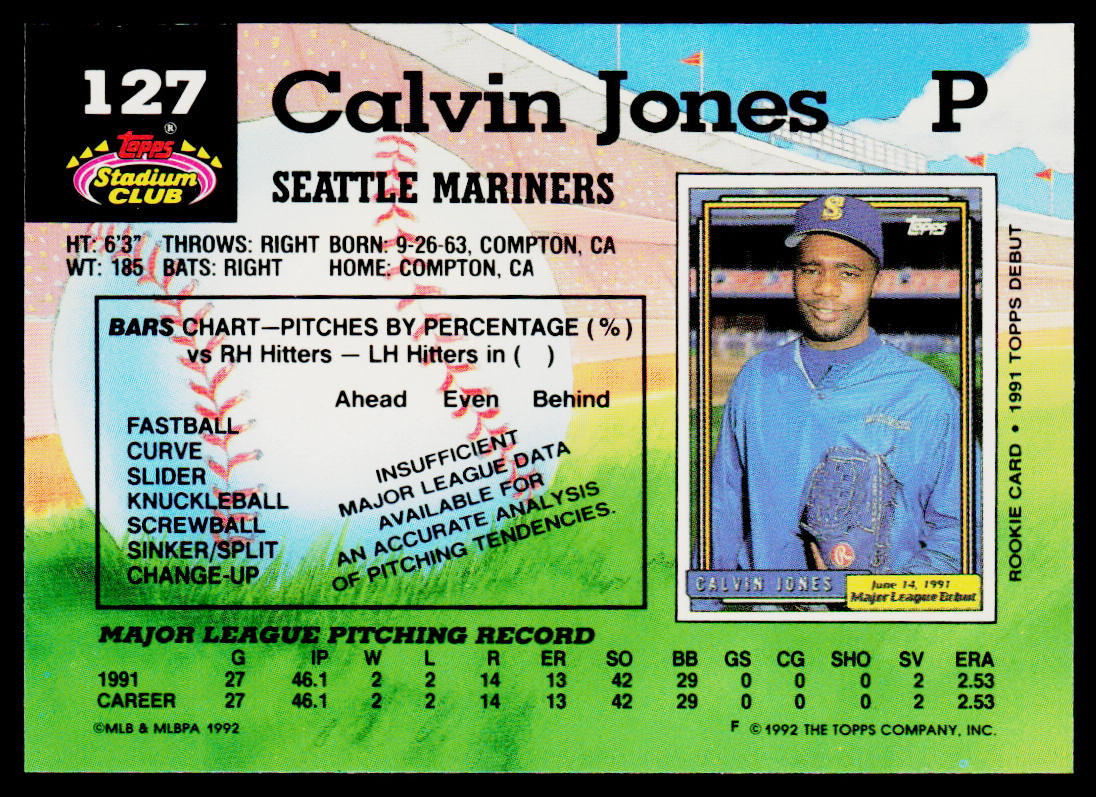 Calvin Jones 1992 Stadium Club #127b RC Seattle Mariners
