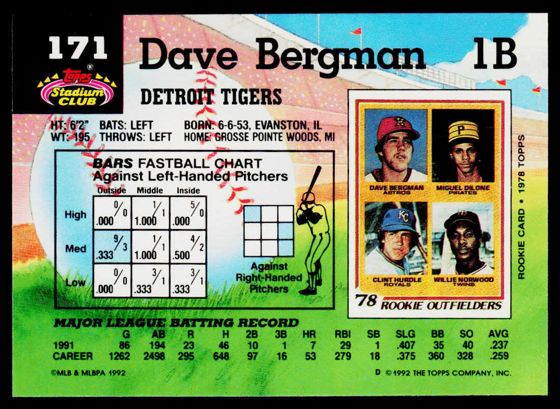 Dave Bergman 1992 Stadium Club #171 Detroit Tigers