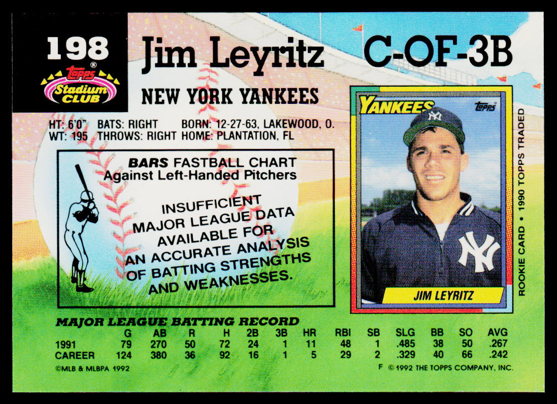 Jim Leyritz 1992 Stadium Club #198 New York Yankees