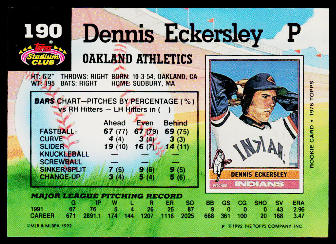 Dennis Eckersley 1992 Stadium Club #190 Oakland Athletics