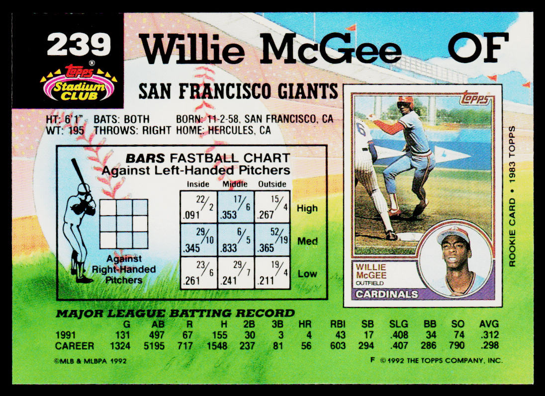 Willie McGee 1992 Stadium Club #239 San Francisco Giants