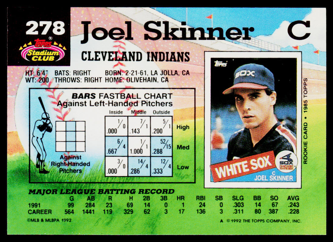Joel Skinner 1992 Stadium Club #278 Cleveland Indians