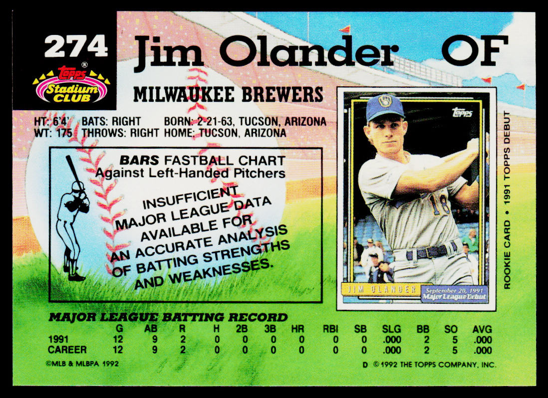 Jim Olander 1992 Stadium Club #274 RC Milwaukee Brewers