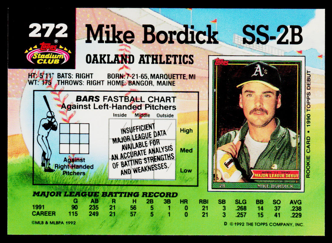 Mike Bordick 1992 Stadium Club #272b Oakland Athletics