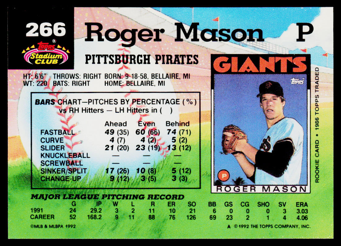 Roger Mason 1992 Stadium Club #266 Pittsburgh Pirates