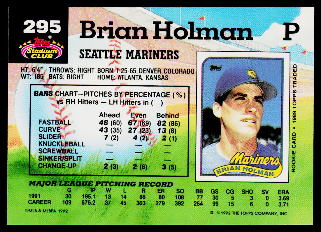 Brian Holman 1992 Stadium Club #295 Seattle Mariners