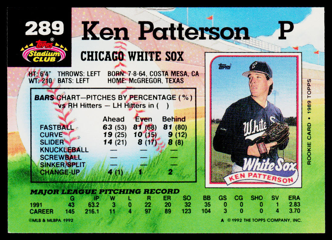 Ken Patterson 1992 Stadium Club #289 Chicago White Sox