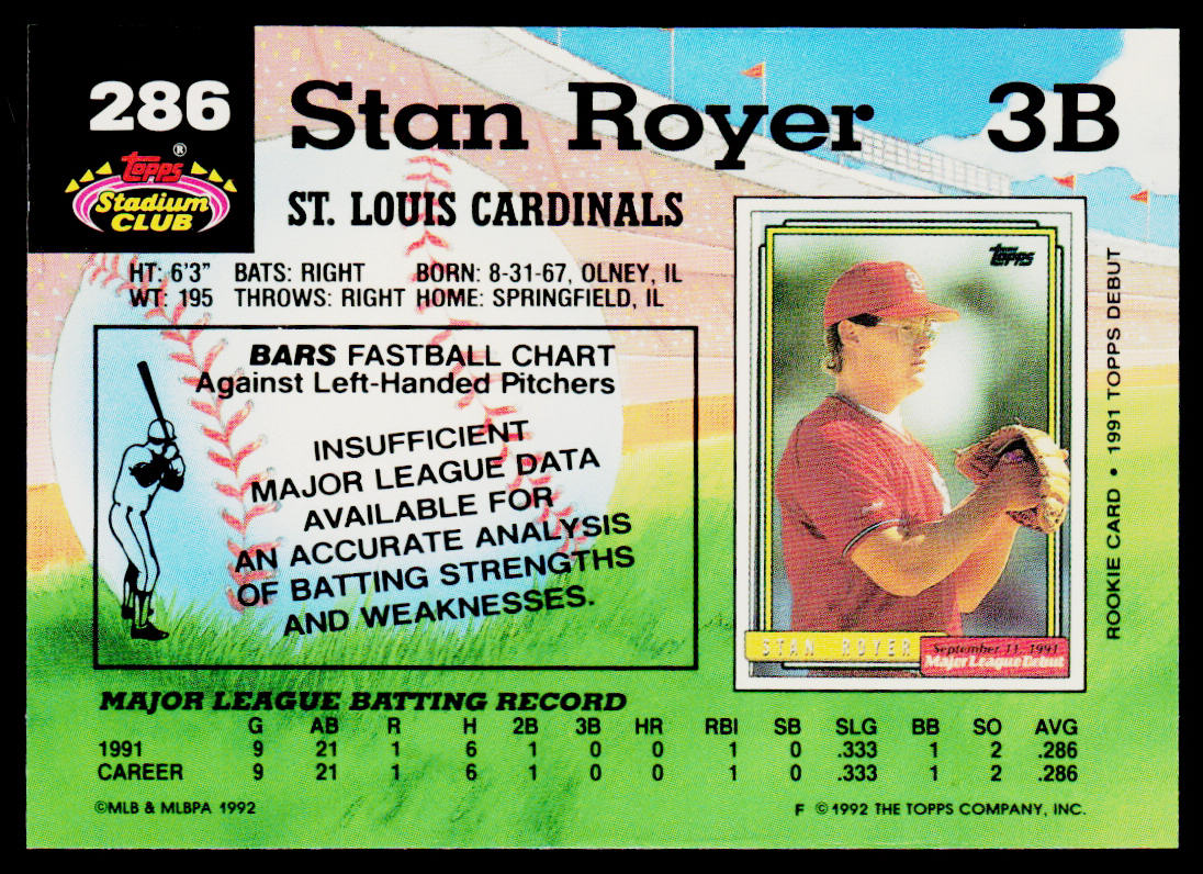 Stan Royer 1992 Stadium Club #286 St. Louis Cardinals