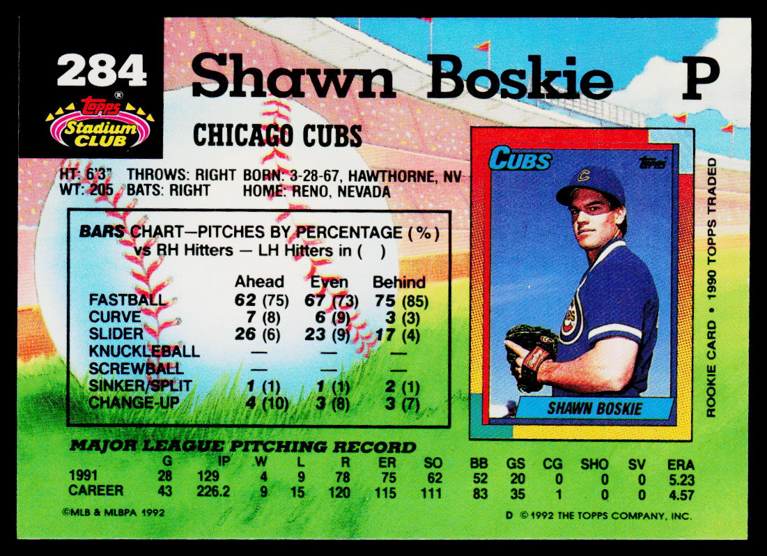 Shawn Boskie 1992 Stadium Club #284 Chicago Cubs