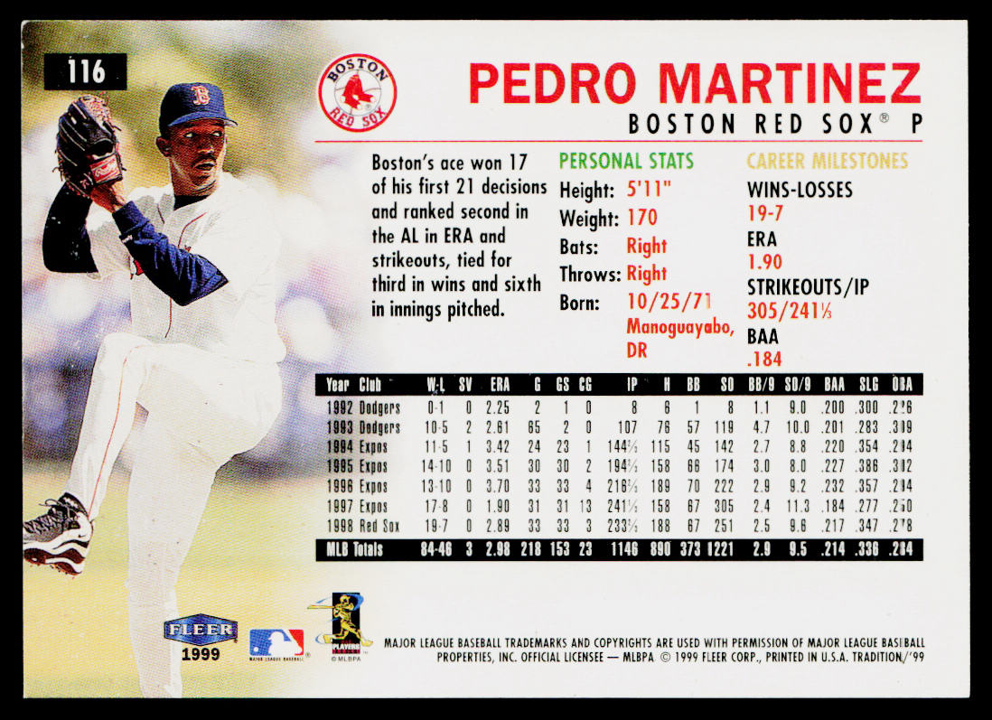 Pedro Martinez 1999 Fleer Tradition #116 Boston Red Sox