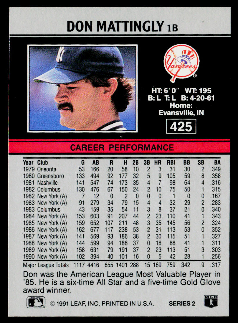 Don Mattingly 1991 Leaf #425 New York Yankees