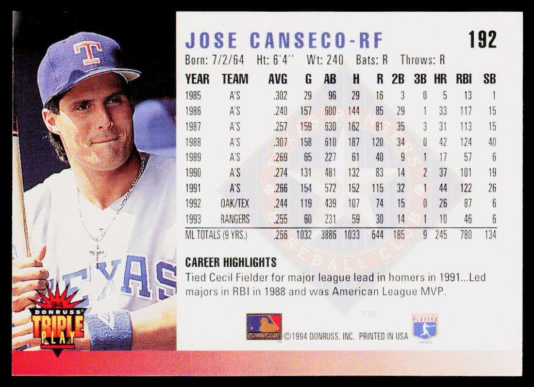 Jose Canseco 1994 Triple Play #192 Texas Rangers