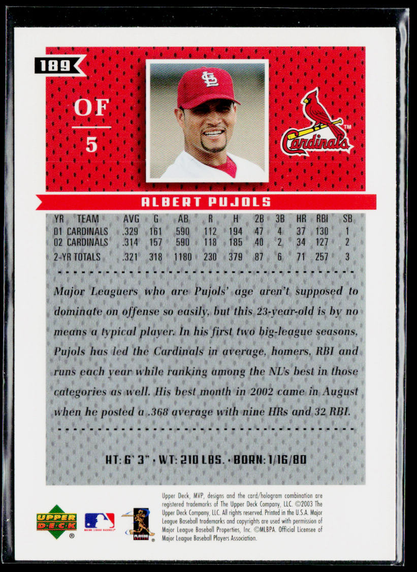Albert Pujols 2003 Upper Deck MVP #189 St. Louis Cardinals
