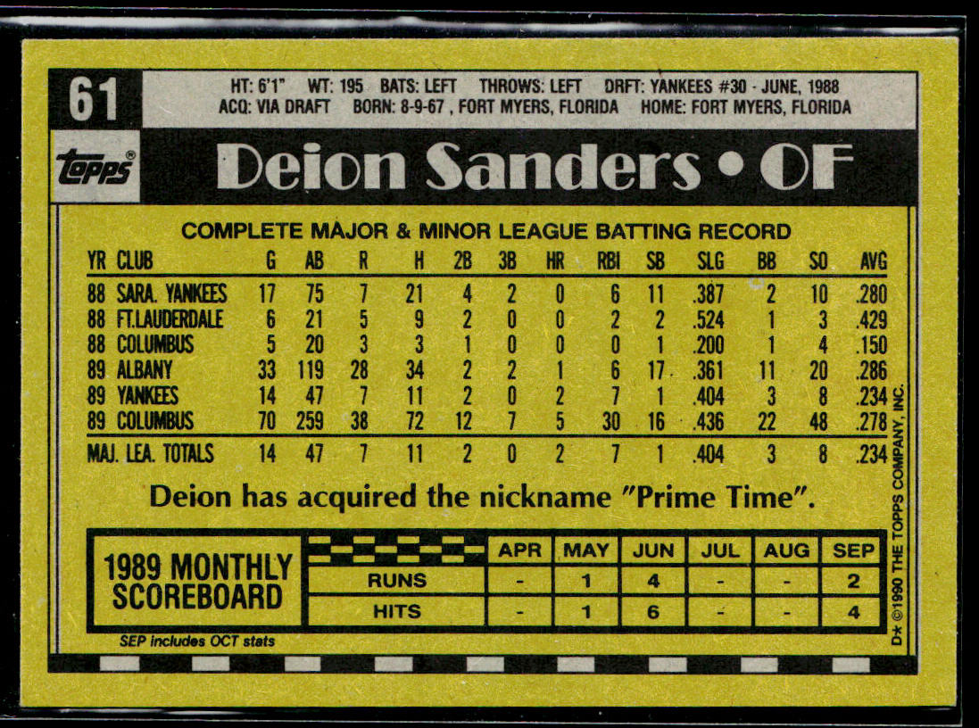 Deion Sanders 1990 Topps #61 RC New York Yankees