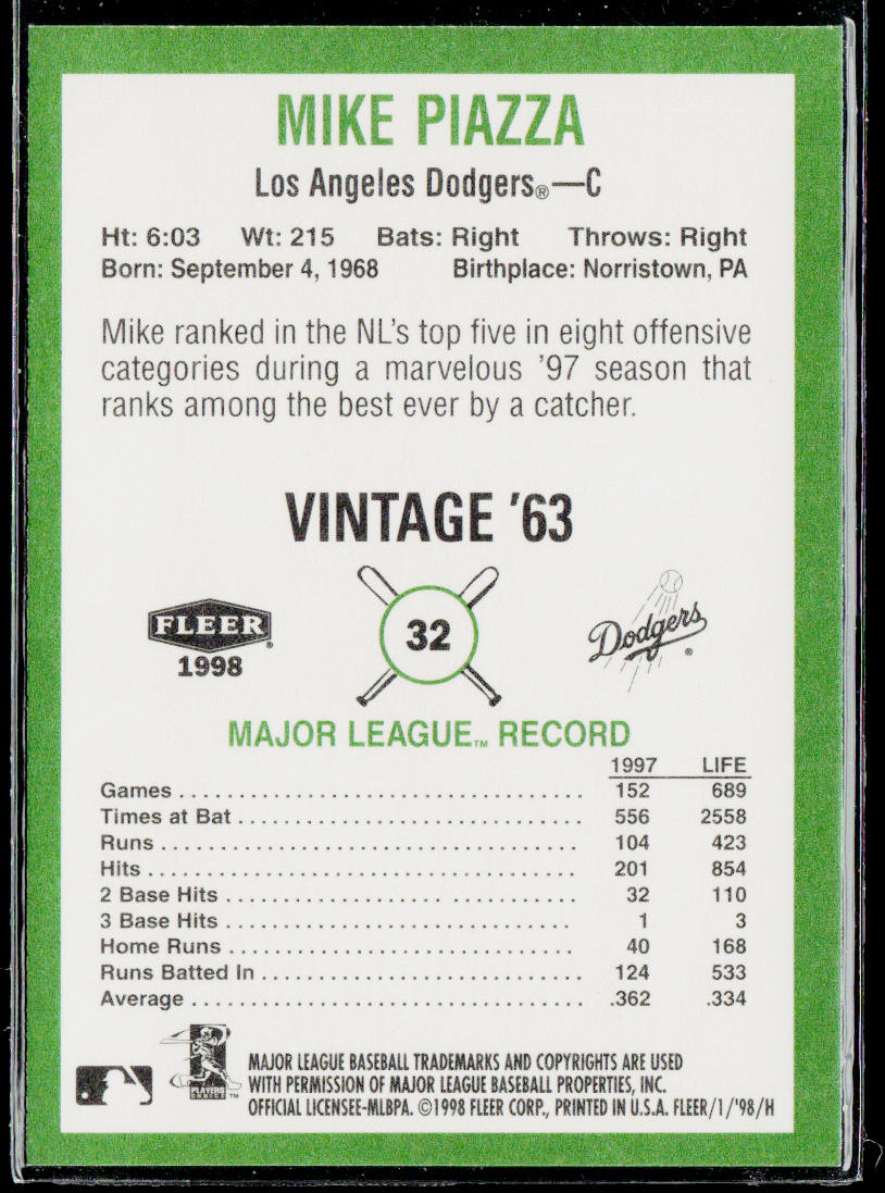 Mike Piazza 1998 Fleer Tradition Vintage #32 Los Angeles Dodgers