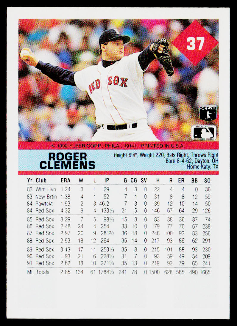 Roger Clemens 1992 Fleer #37b Boston Red Sox