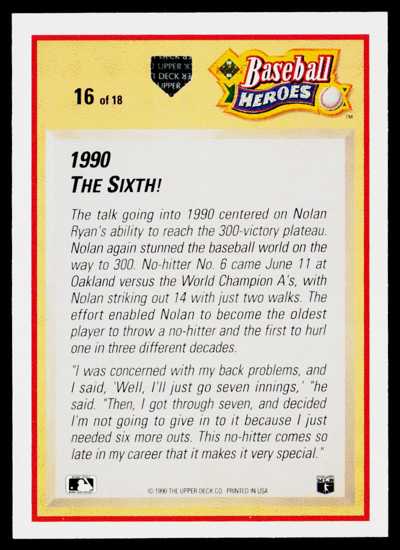 Nolan Ryan 1991 Upper Deck Baseball Heroes: Nolan Ryan #16 Texas Rangers