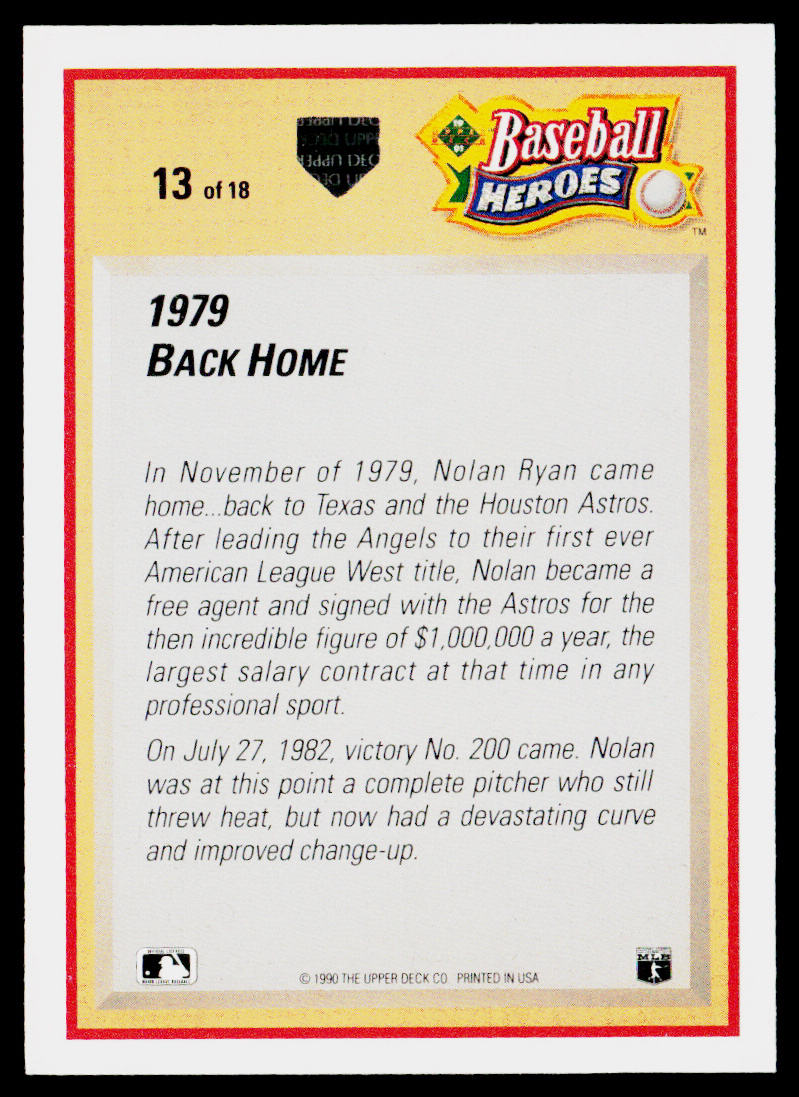 Nolan Ryan 1991 Upper Deck Baseball Heroes: Nolan Ryan #13 Houston Astros