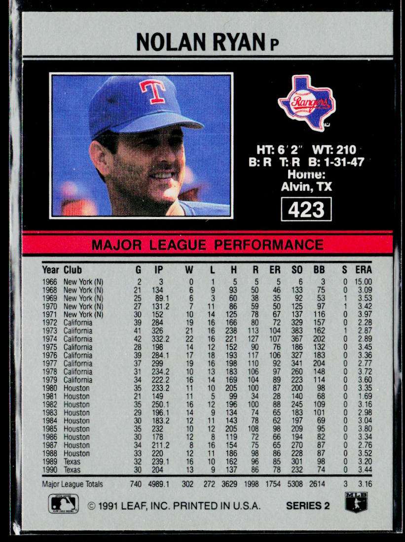 Nolan Ryan 1991 Leaf #423 Texas Rangers