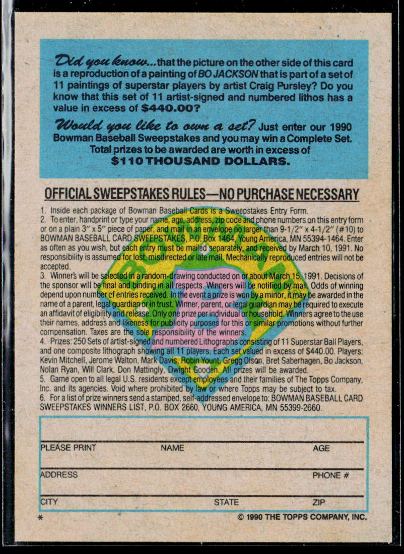 Bo Jackson 1990 Bowman Sweepstakes #NNO Kansas City Royals