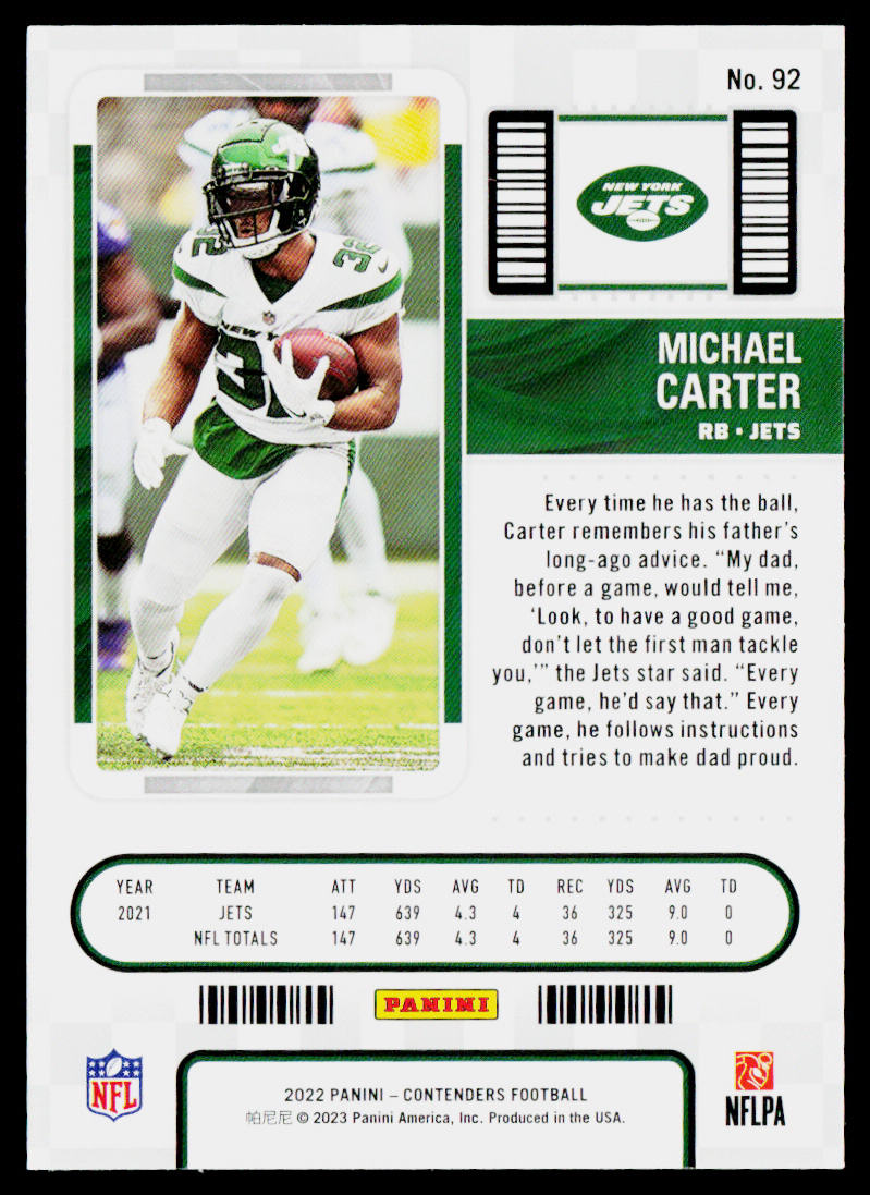 Michael Carter 2022 Panini Contenders #92 New York Jets
