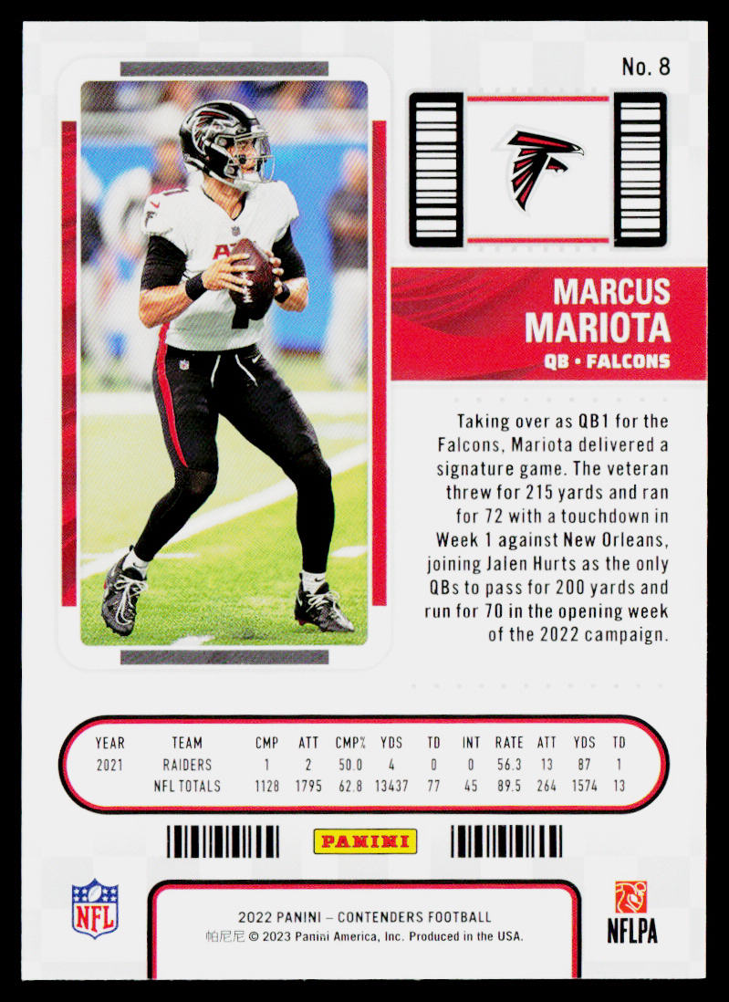 Marcus Mariota 2022 Panini Contenders #8 Atlanta Falcons