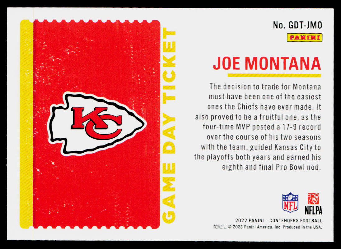 Joe Montana 2022 Panini Contenders Game Day Ticket #GDT-JMO Kansas City Chiefs