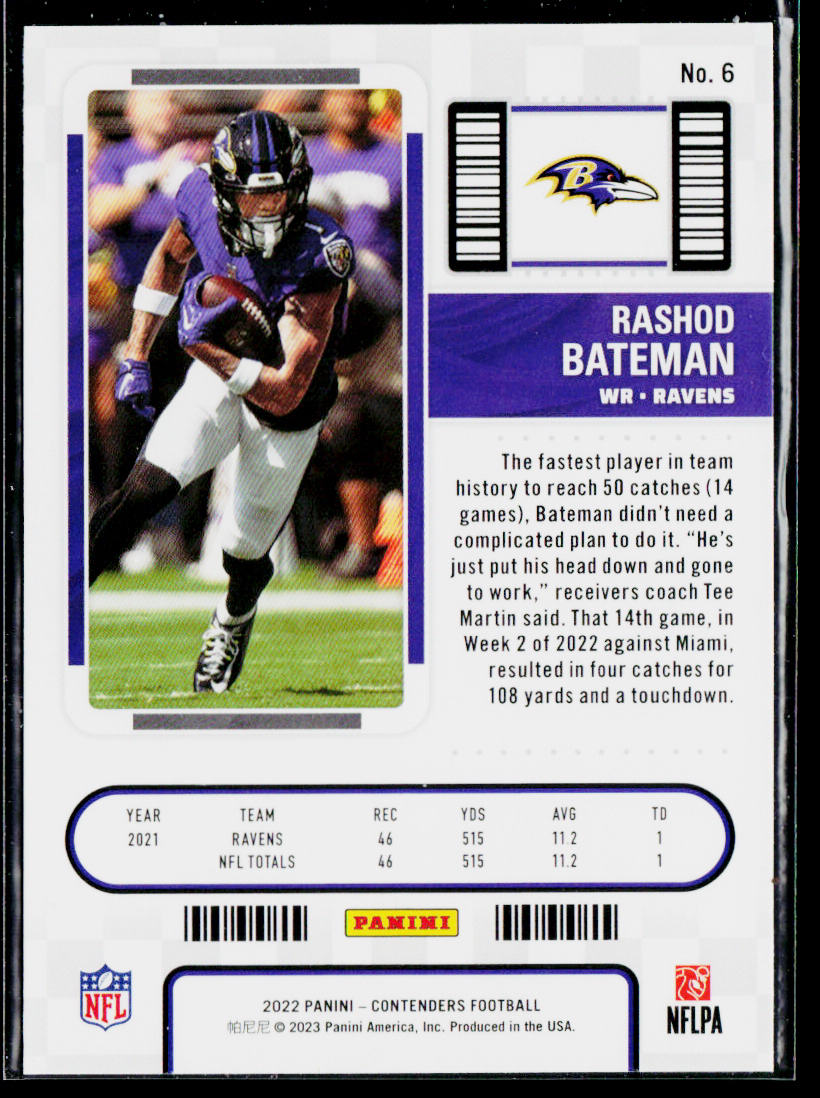Rashod Bateman 2022 Panini Contenders #6 Baltimore Ravens