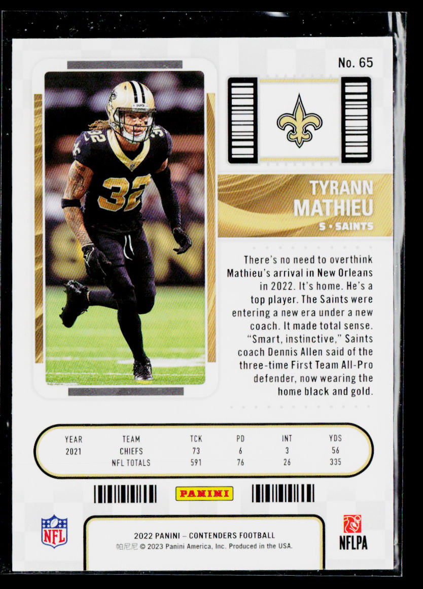 Tyrann Mathieu 2022 Panini Contenders #65 New Orleans Saints