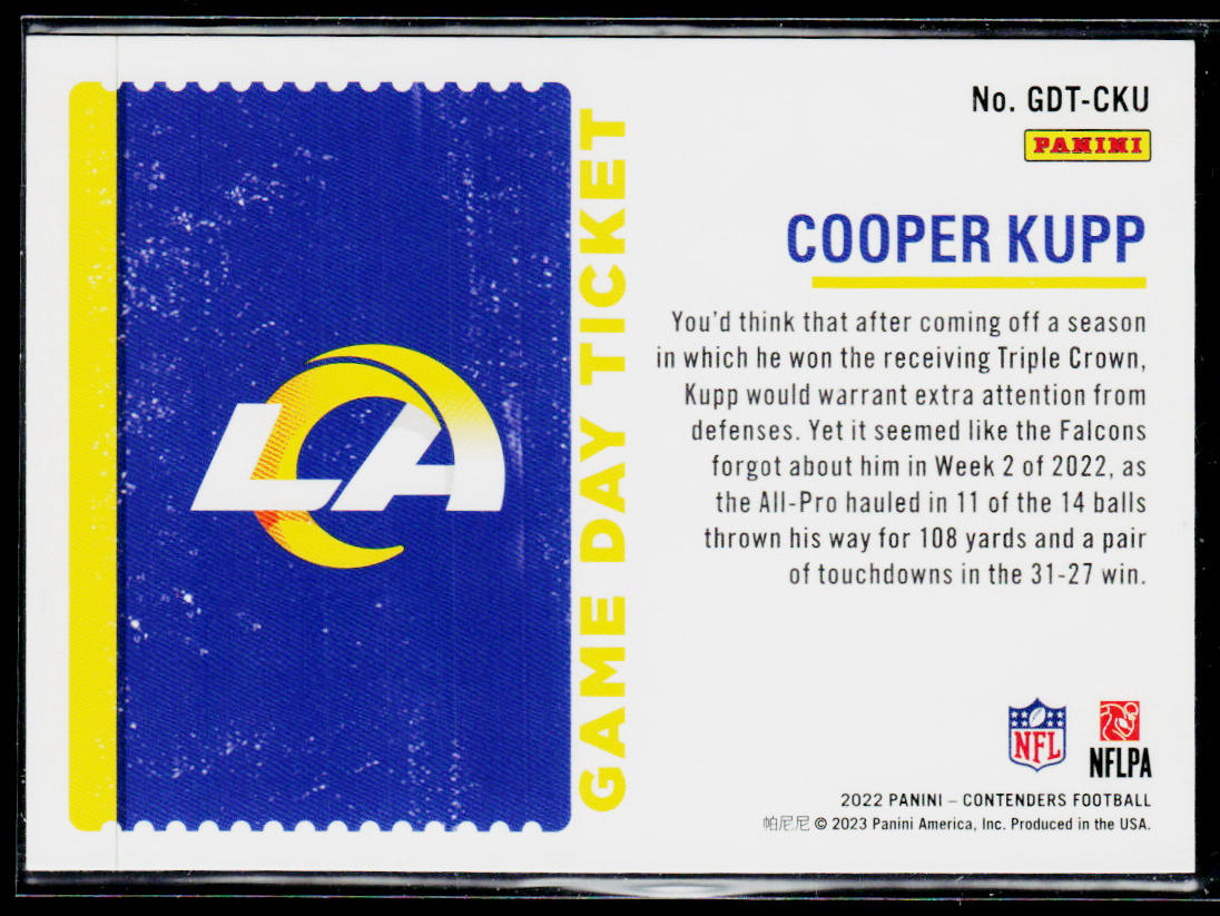 Cooper Kupp 2022 Panini Contenders Game Day Ticket #GDT-CKU Los Angeles Rams