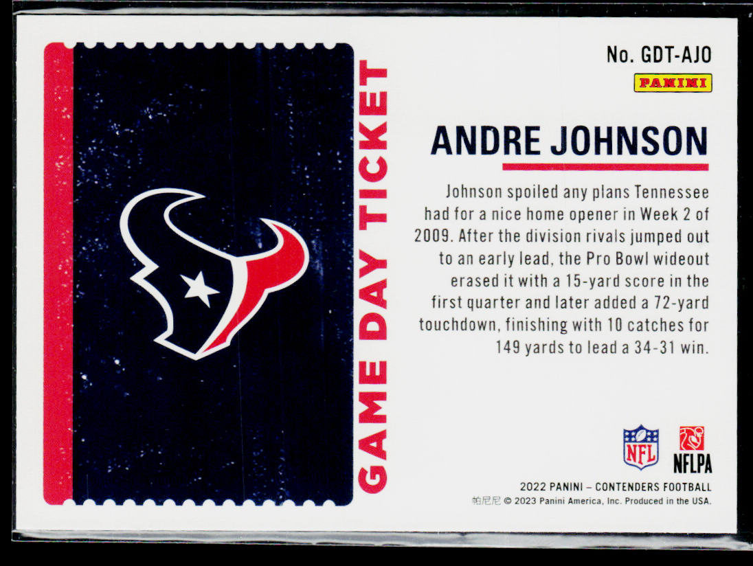 Andre Johnson 2022 Panini Contenders Game Day Ticket #GDT-AJO Houston Texans