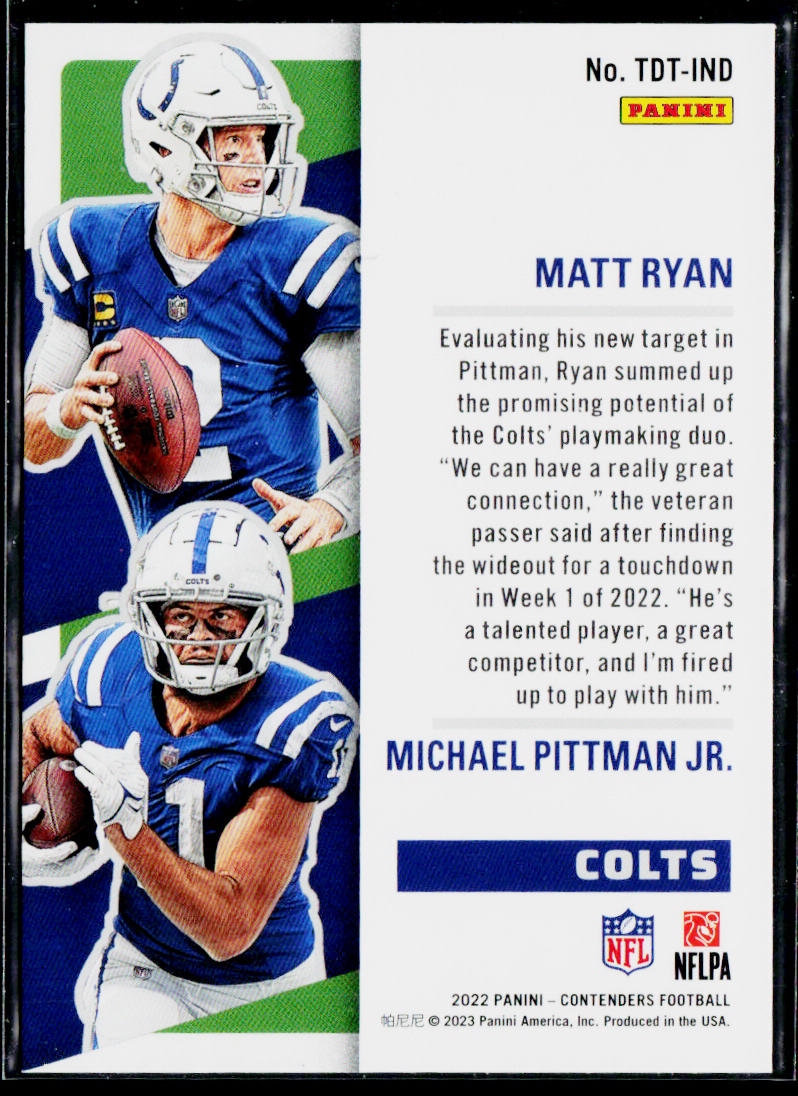 Matt Ryan / Michael Pittman Jr. 2022 Contenders Touchdown Tandems #TDT-IND Colts