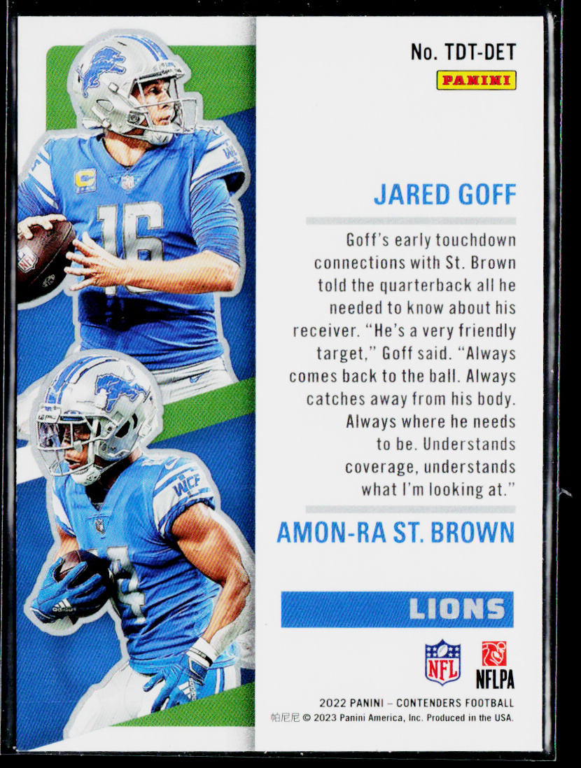 Amon-Ra St. Brown / Jared Goff 2022 Panini Contenders Touchdown Tandems #TDT-DET