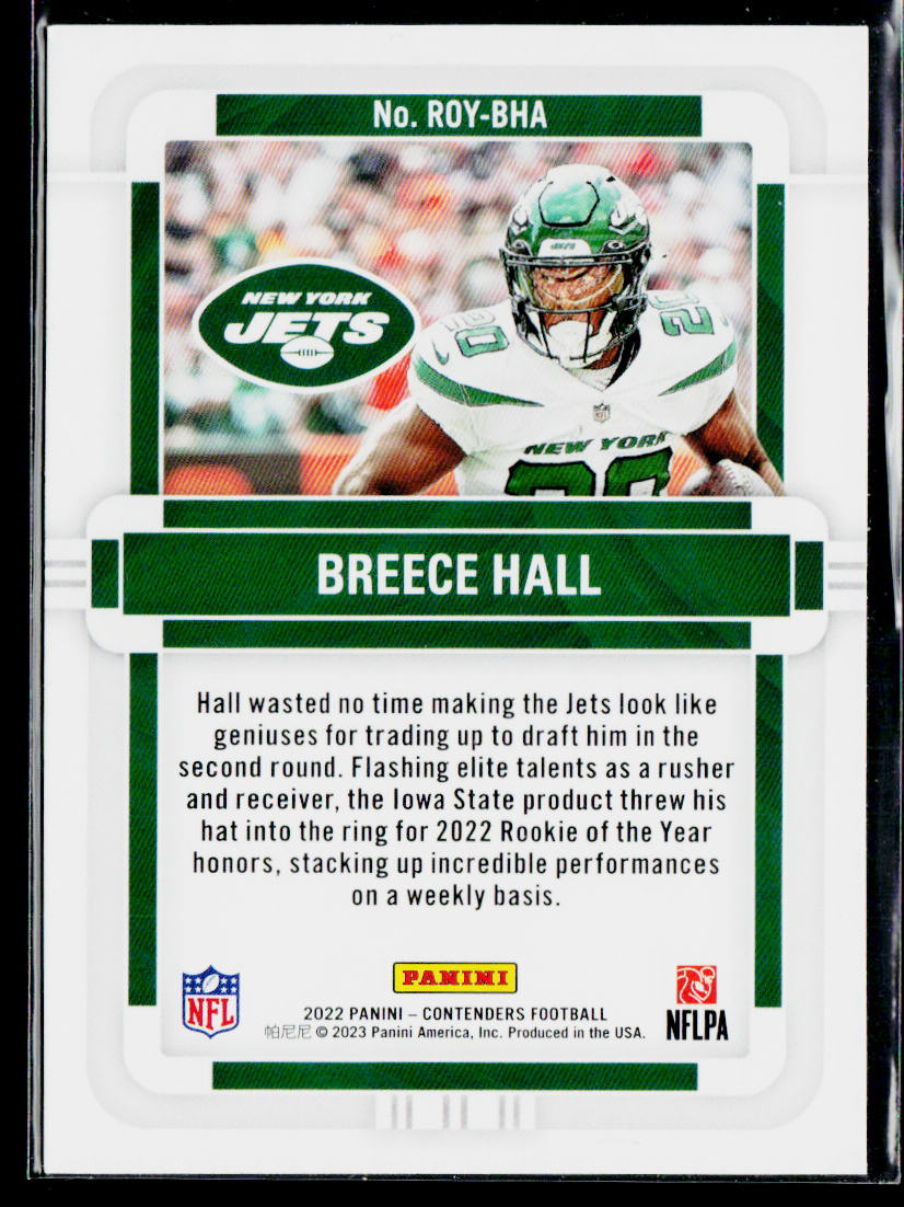 Breece Hall 2022 Panini Contenders Rookie of the Year Emerald #ROY-BHA Jets