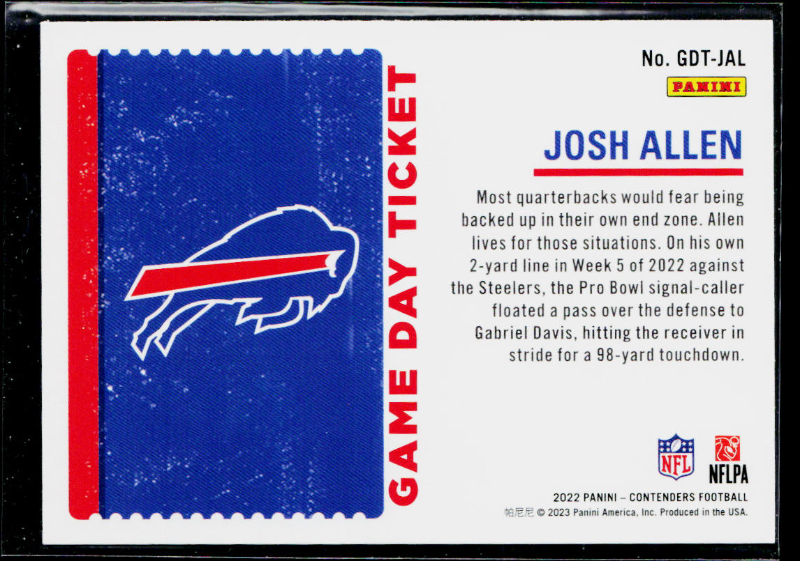 Josh Allen 2022 Panini Contenders Game Day Ticket Emerald #GDT-JAL Buffalo Bills