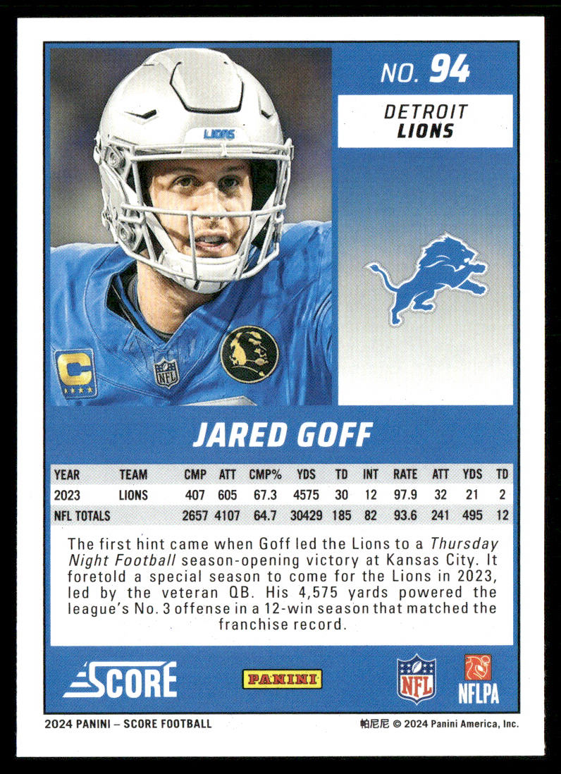 Jared Goff 2024 Score Gold #94 Detroit Lions
